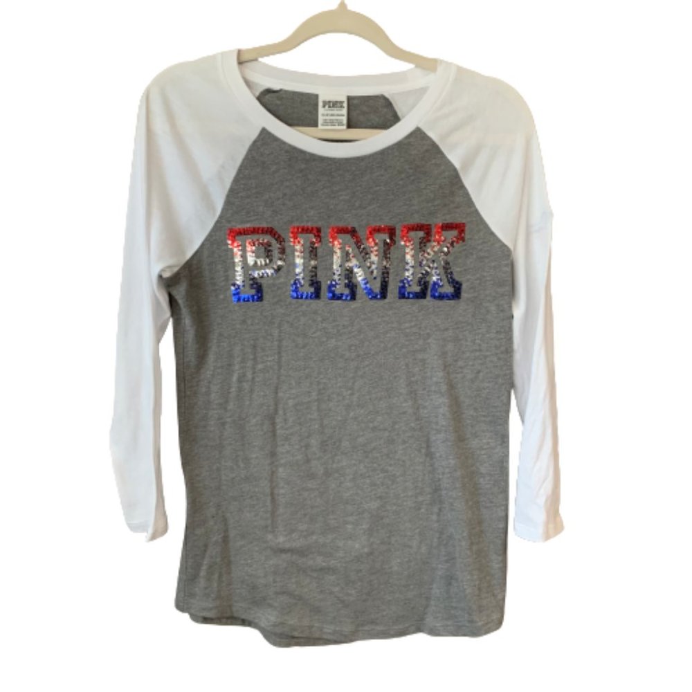 Women's Pink Victoria's Secret Sequins 3/4 Sleeve X-Small Gray White Shirt EUC